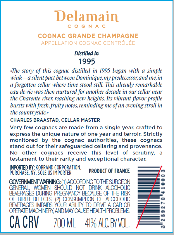 TABC label artwork for Delamain 1995 Cognac Grande Champagne