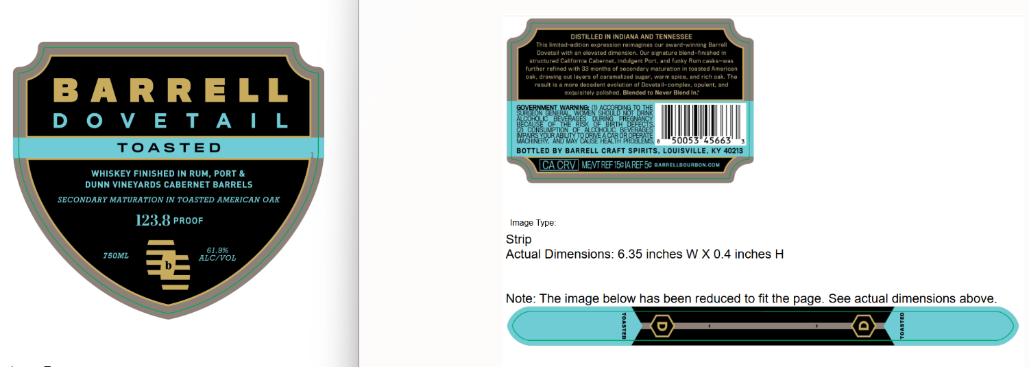 TABC label artwork for Barrell Dovetail Toasted Whiskey
