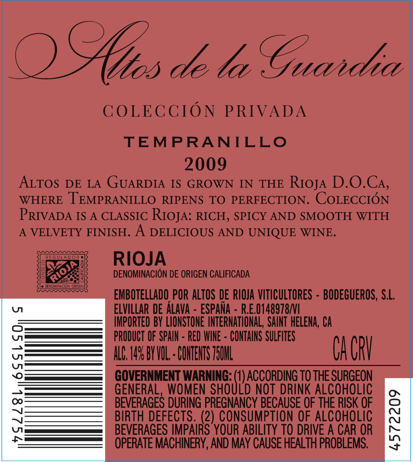 TABC label artwork for Altos de la Guardia Coleccion Privada Rioja Tempranillo, Spain