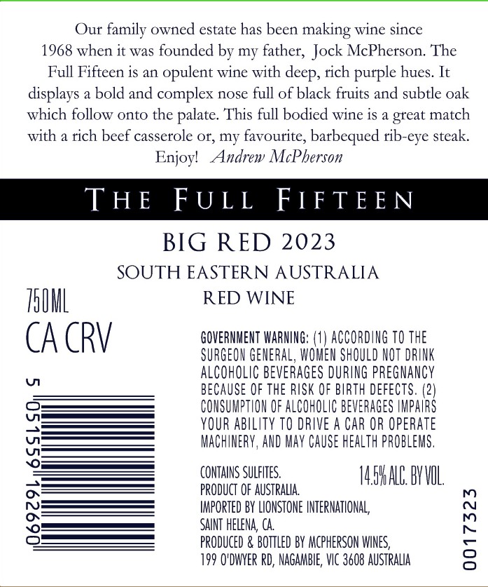 TABC label artwork for The Full Fifteen Big Red South Eastern Australia Red Wine, Australia