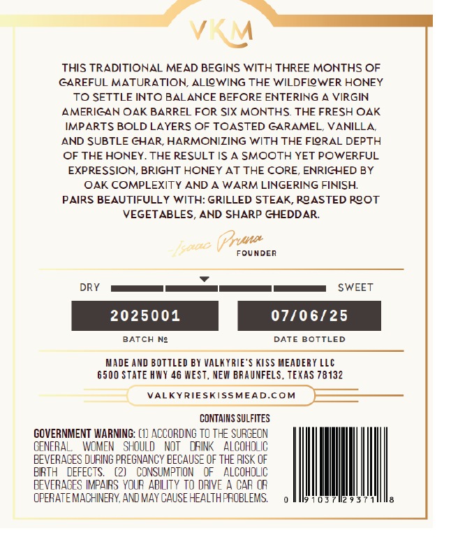 TABC label artwork for Valkyrie's Kiss Meadery