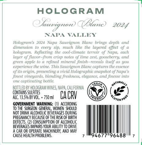TABC label artwork for Hologram Sauvignon Blanc Napa Valley