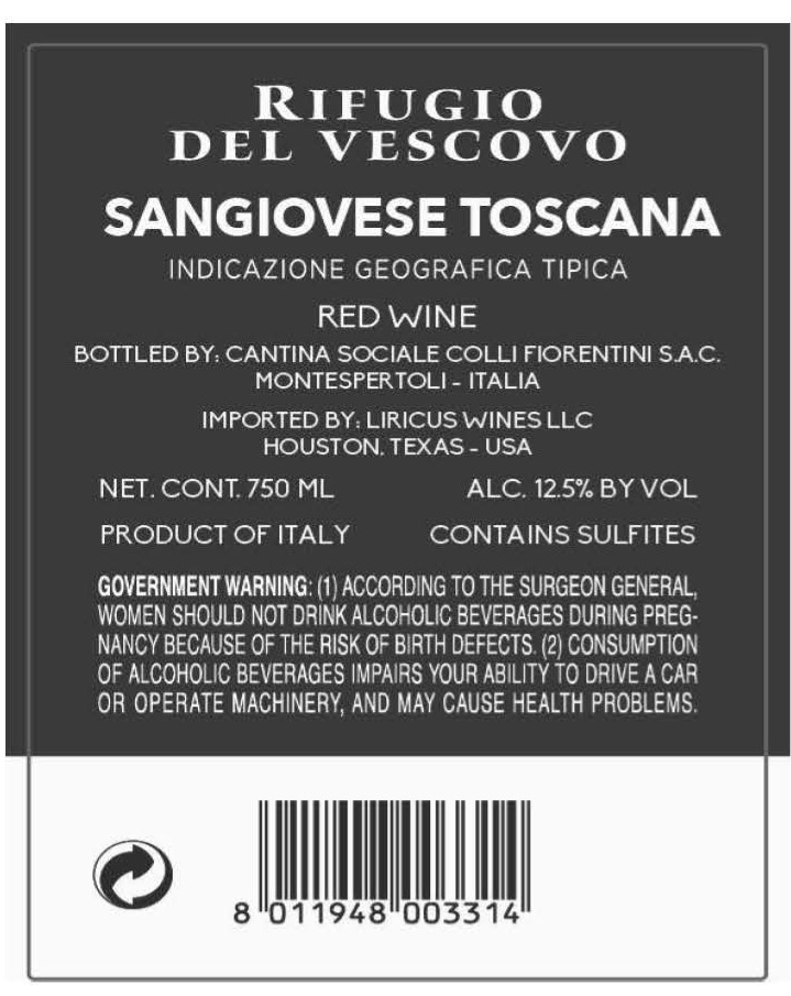 TABC label artwork for RIFUGIO DEL VESCOVO SANGIOVESE