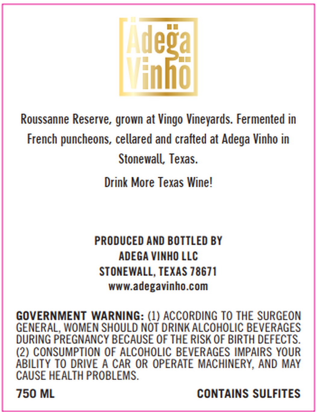 TABC label artwork for Adega Vinho Rousanne Reserve