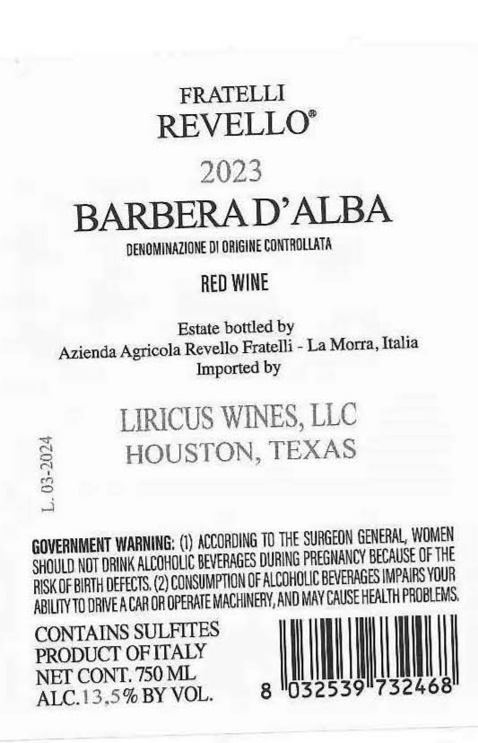 TABC label artwork for FRATELLI RAVELLO BARBERA D ALBA