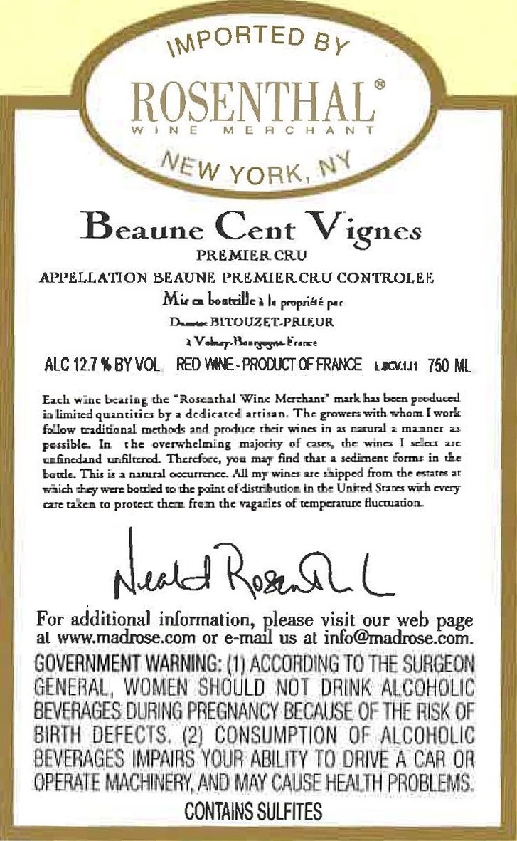 TABC label artwork for Domaine Bitouzet-Prieur Beaune Rouge 1er Cru Cent Vignes