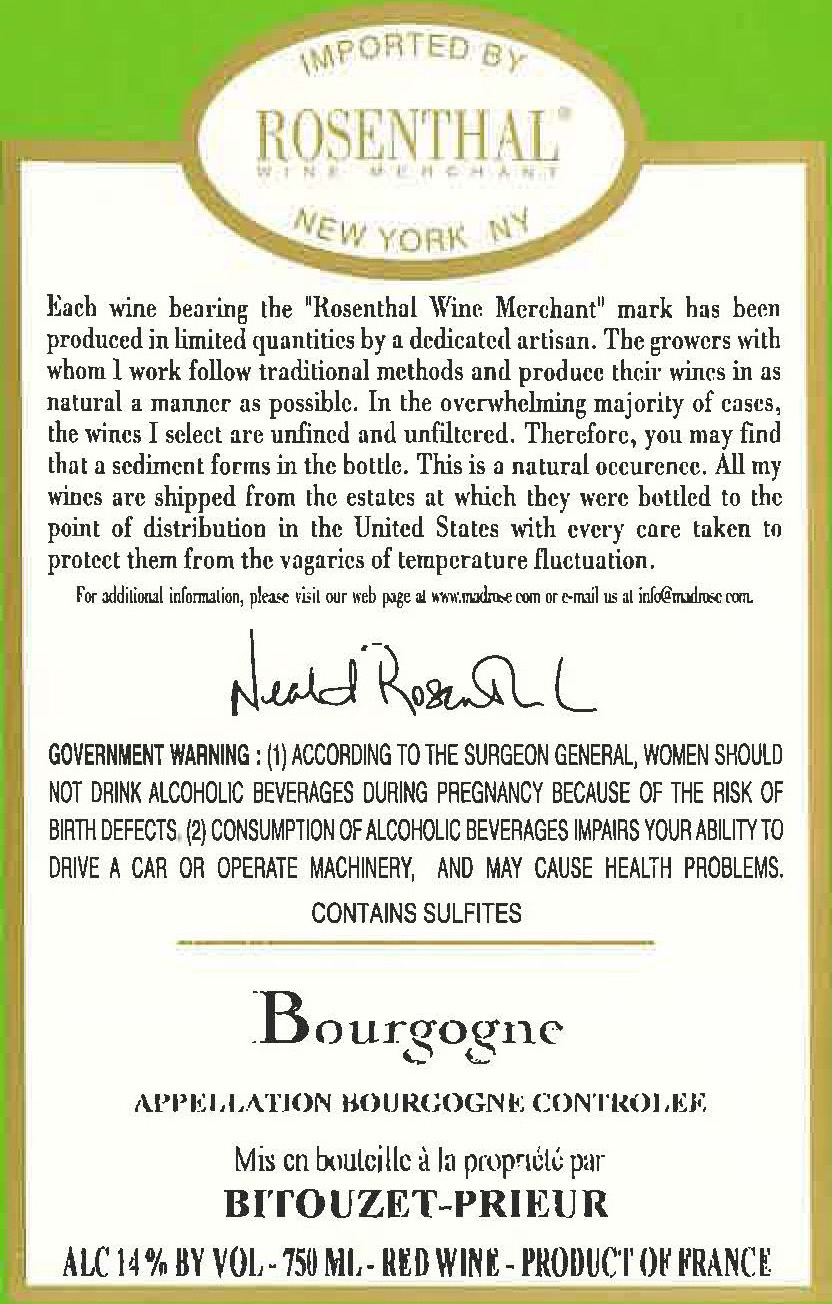 TABC label artwork for Domaine Bitouzet-Prieur Bourgogne Rouge
