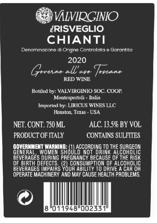 TABC label artwork for VALVIRGINIO CHIANTI ILRISVEGLIO