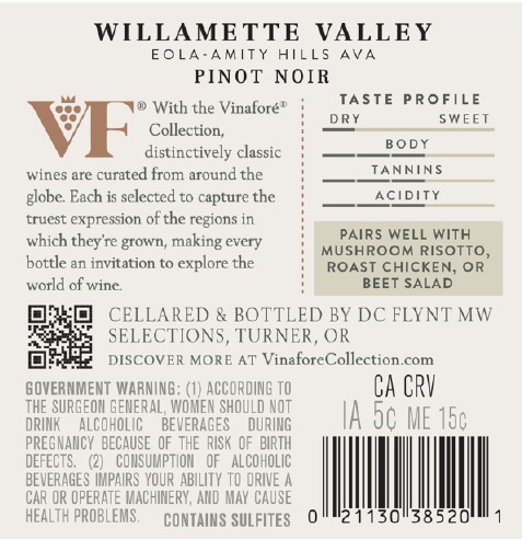TABC label artwork for Vinafore Willamette Valley Pinot Noir