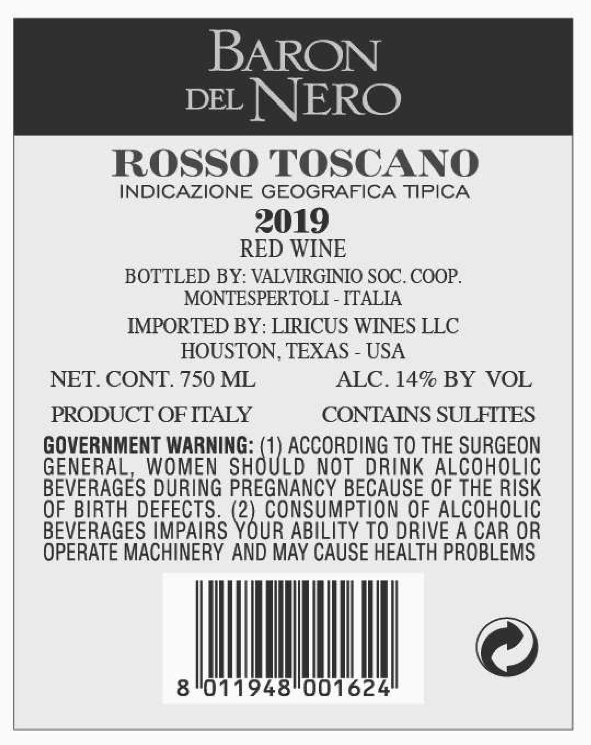 TABC label artwork for VALVIRGINIO BARON DEL NERO