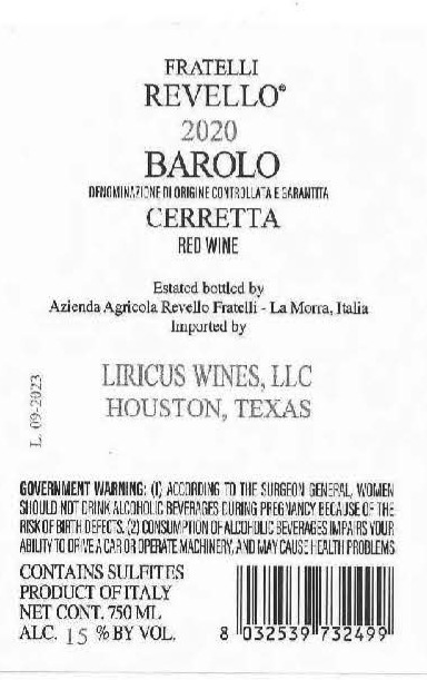 TABC label artwork for FRATELLI REVELLO CERRETTA