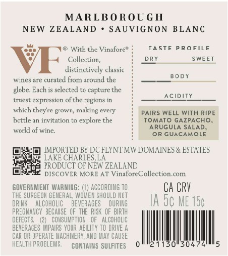 TABC label artwork for Vinafore Marlborough Sauvignon Blanc