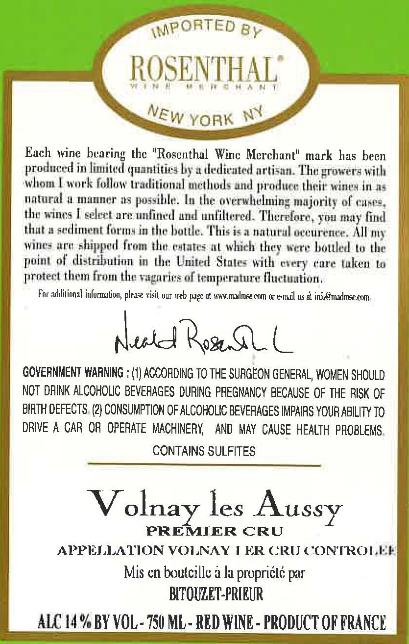 TABC label artwork for Domaine Bitouzet-Prieur Volnay 1er Cru Les Aussy