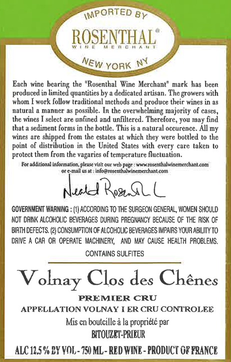 TABC label artwork for Domaine Bitouzet-Prieur Volnay 1er Cru Clos des Chenes