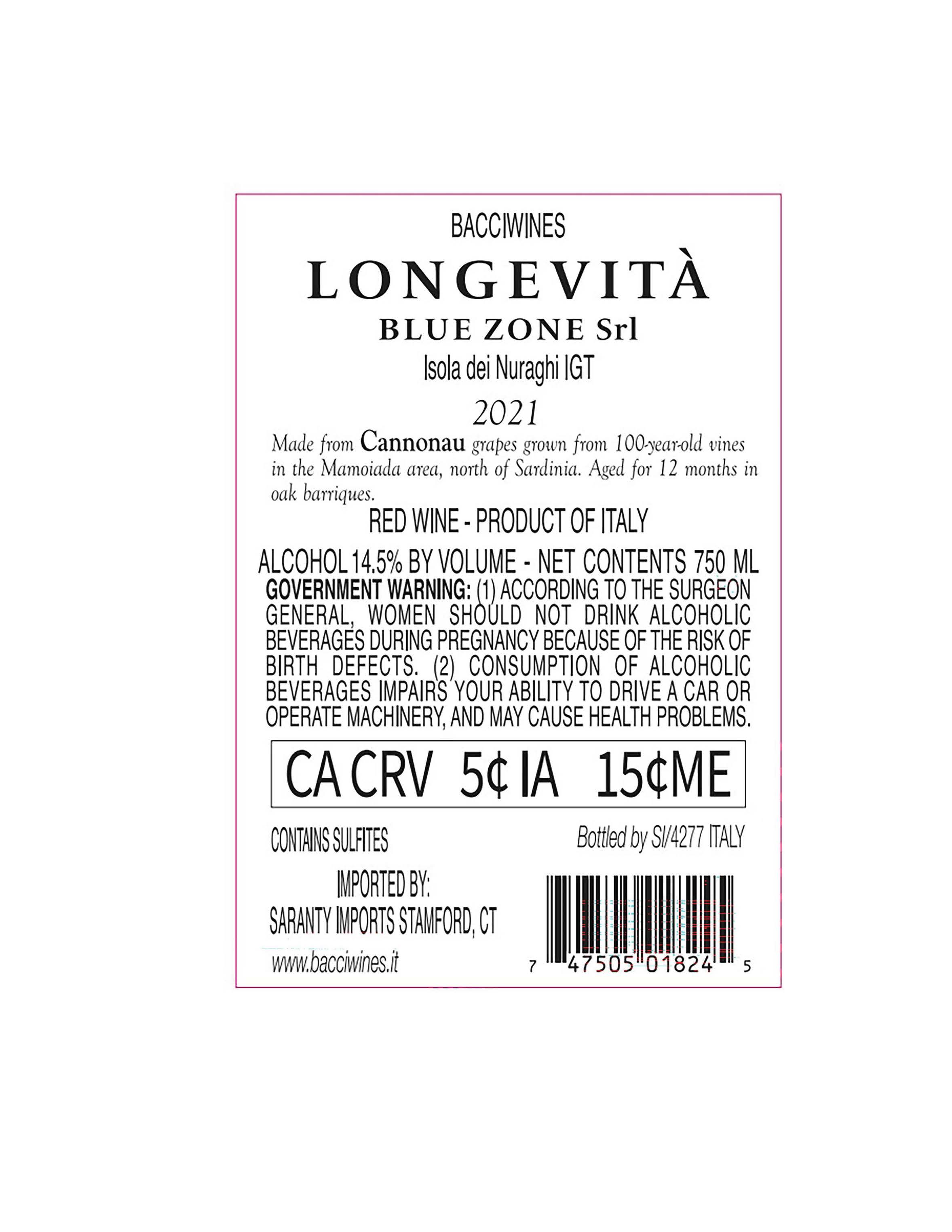 TABC label artwork for Longevita Cannonau Blue Zone Isola dei Nuraghi IGT