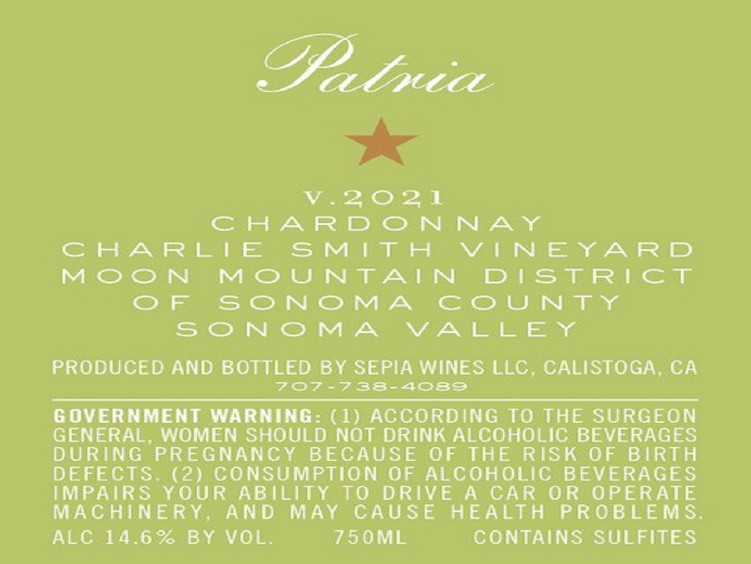 TABC label artwork for Patria Charlie Smith Vyd. Chardonnay, Moon Mountain