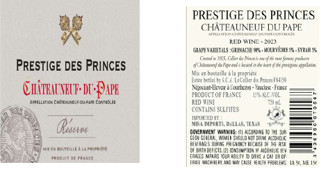 TABC label artwork for PRESTIGE DES PRINCES CHATEAUNEUF DU PAPE