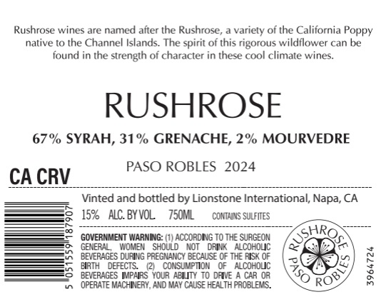 TABC label artwork for Rushrose Grenache/Syrah/Mourvedre, Paso Robles