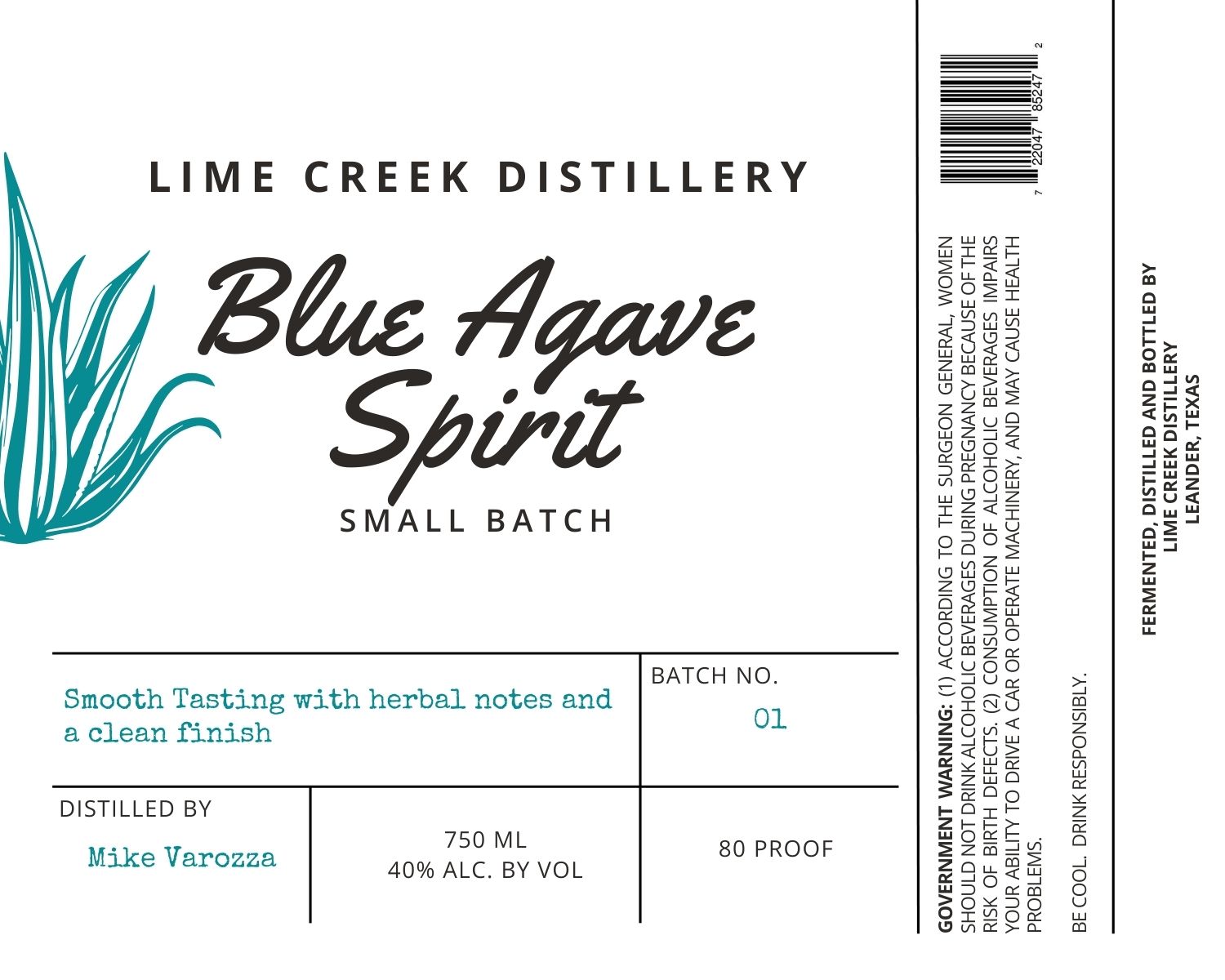 TABC label artwork for Lime Creek Distillery Blue Agave Spirit