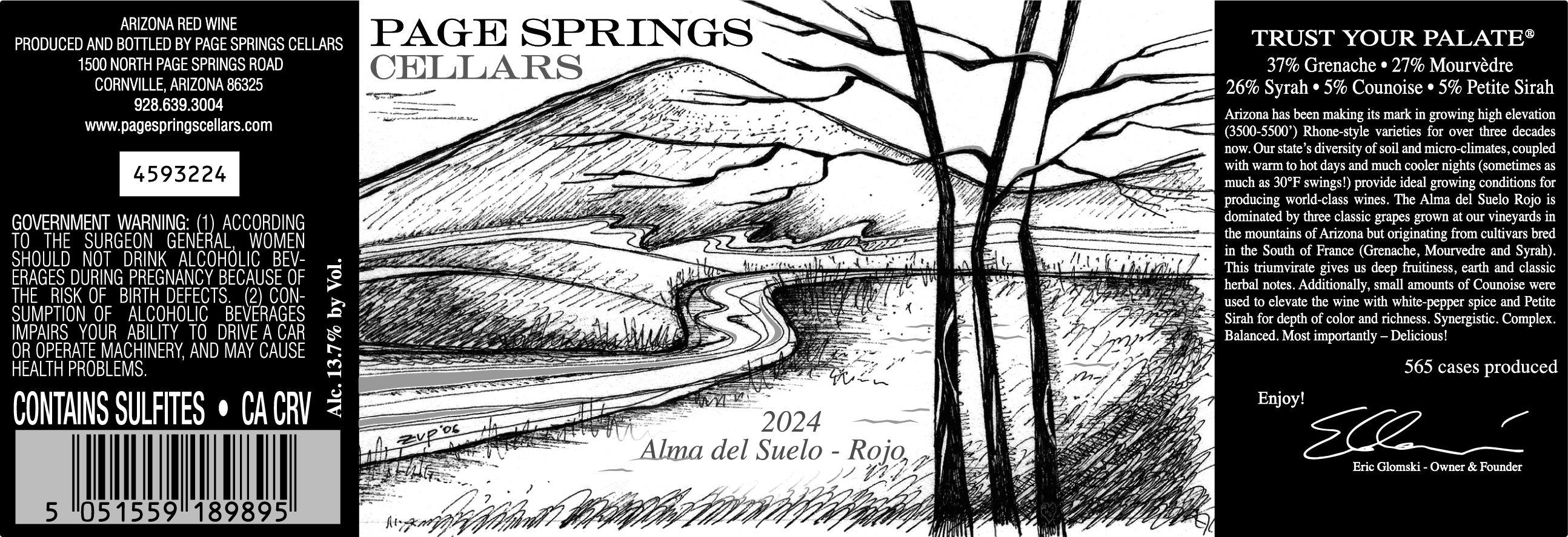 TABC label artwork for Page Springs Cellars Alma del Suelo Rojo Grenache, Mourvedre, Syrah, Counoise, Petite Sirah, Arizona