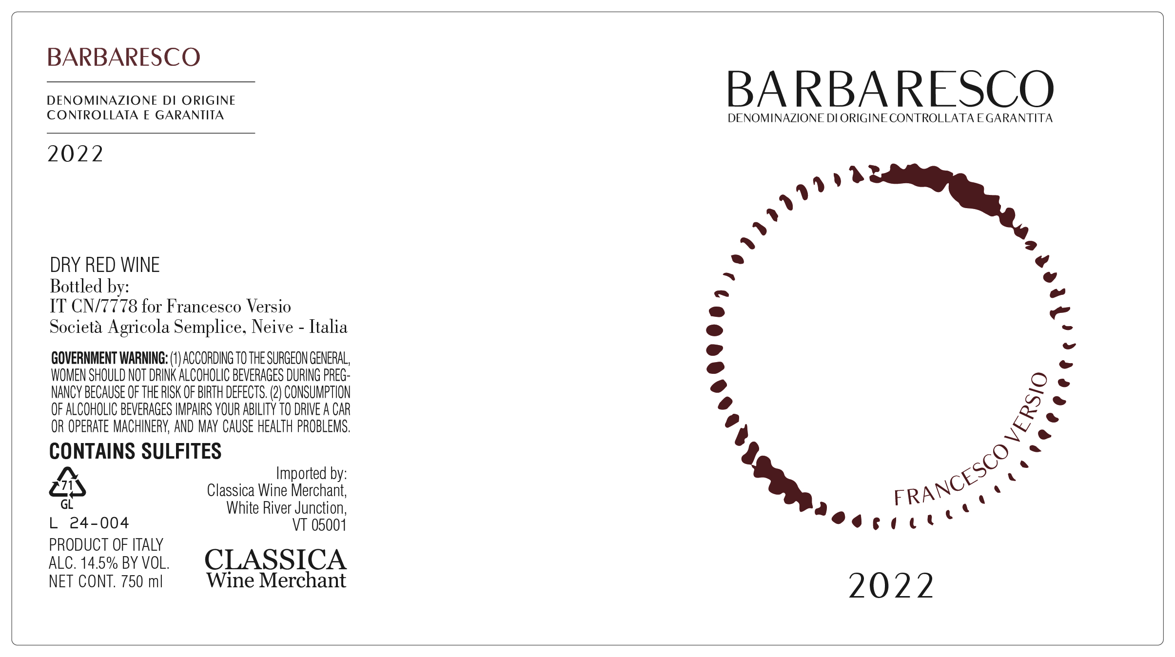TABC label artwork for Versio Francesco Barbaresco
