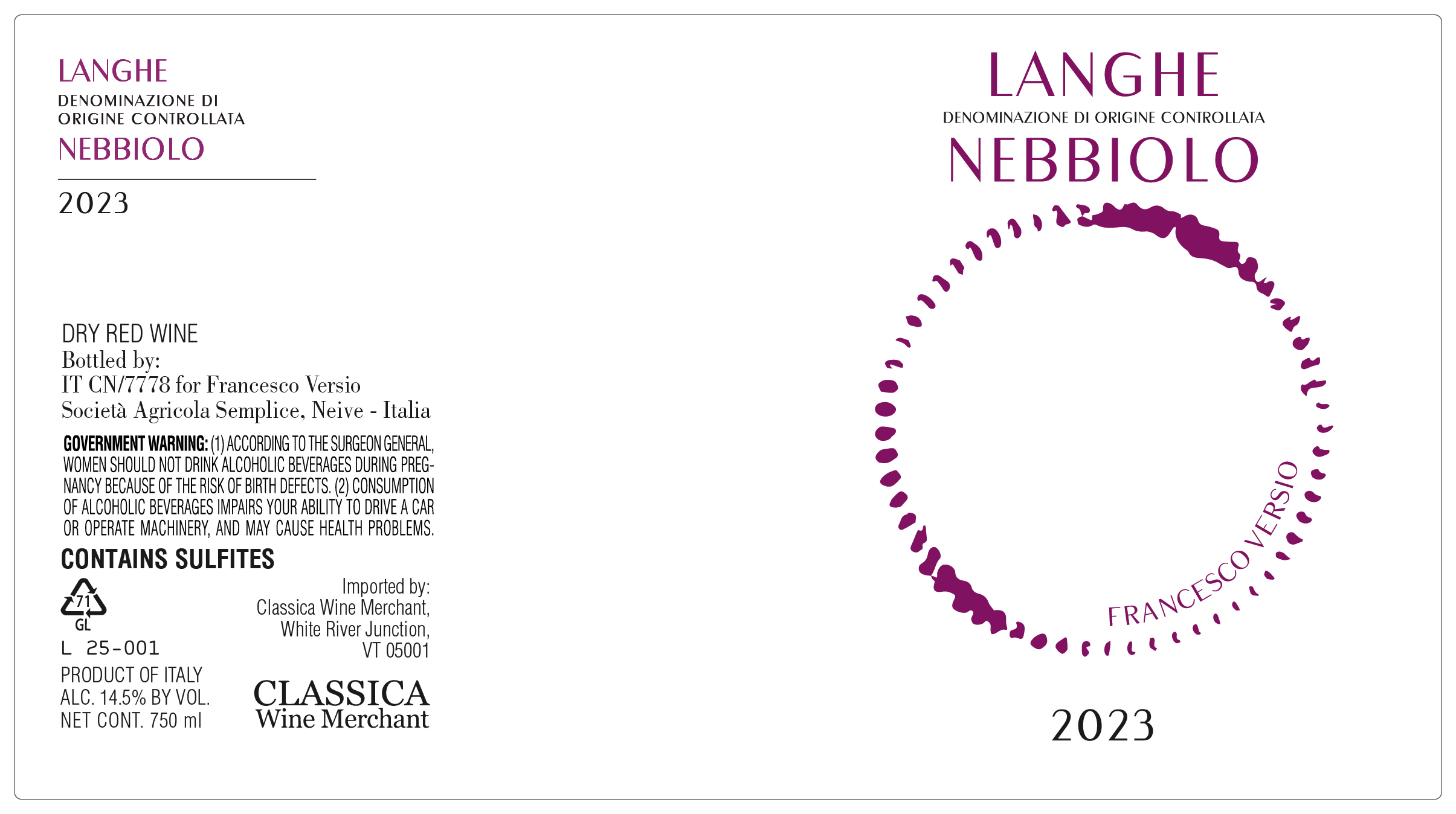TABC label artwork for Versio Francesco Langhe Nebbiolo
