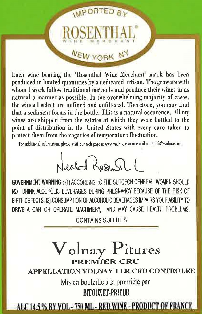 TABC label artwork for Domaine Bitouzet-Prieur Volnay 1er Cru Pitures