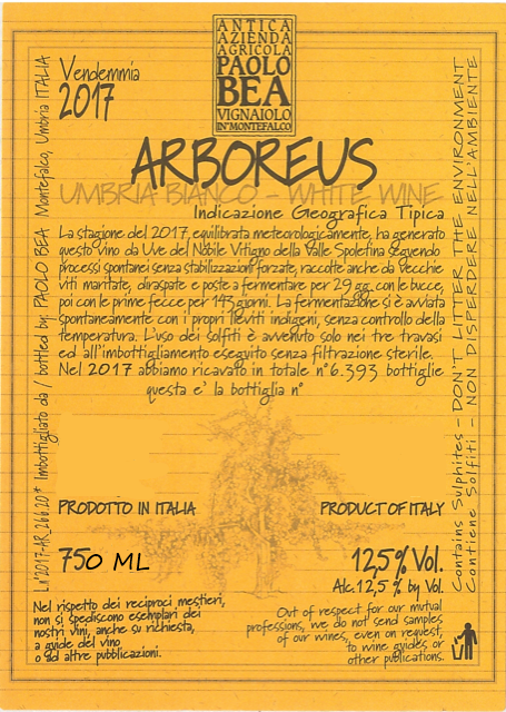 TABC label artwork for Paolo Bea Arboreus Umbria Bianco