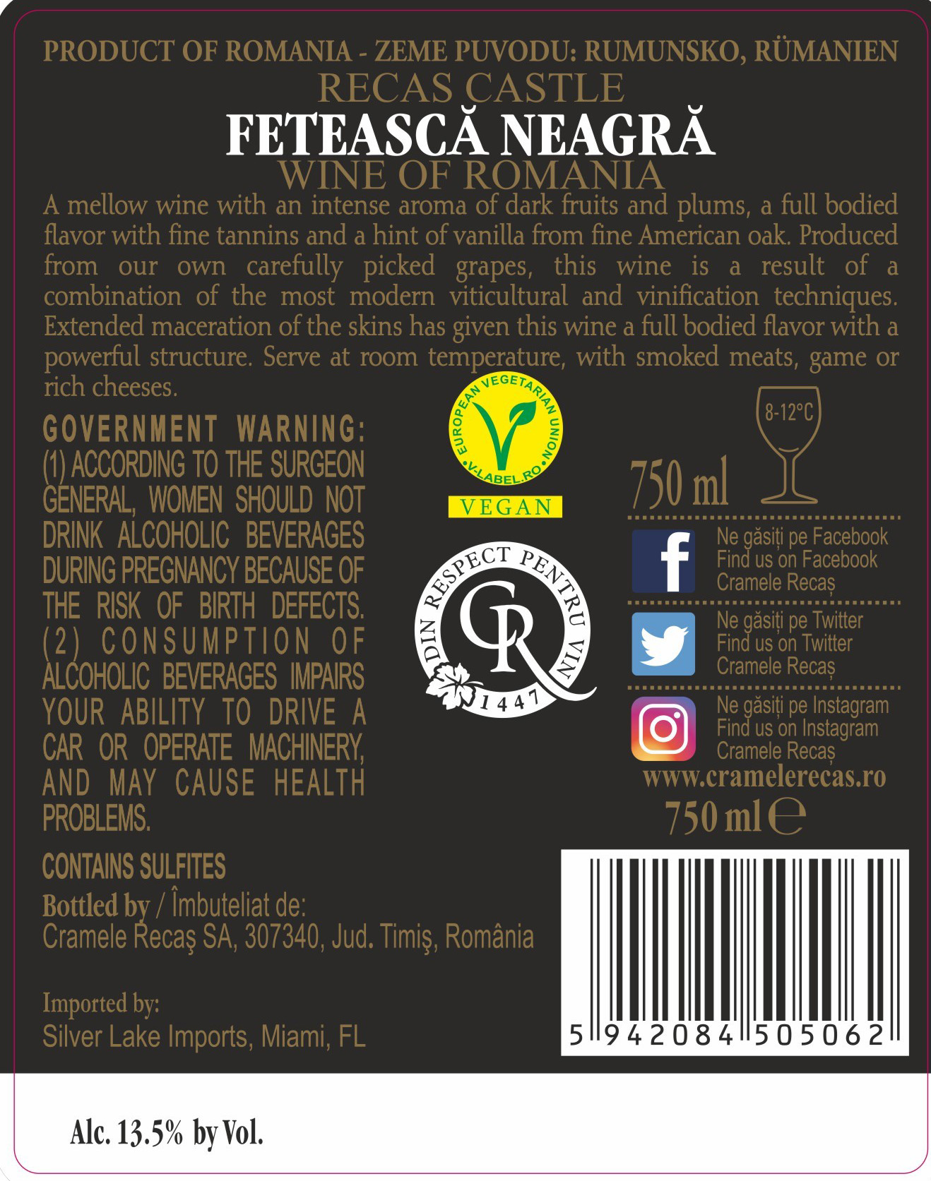 TABC label artwork for Recas Castle Feteasca Neagra