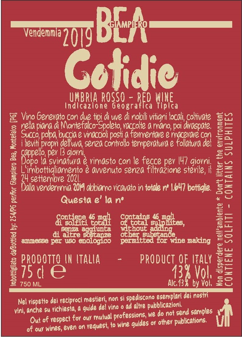 TABC label artwork for Giampiero Bea Cotidie Umbria Rosso