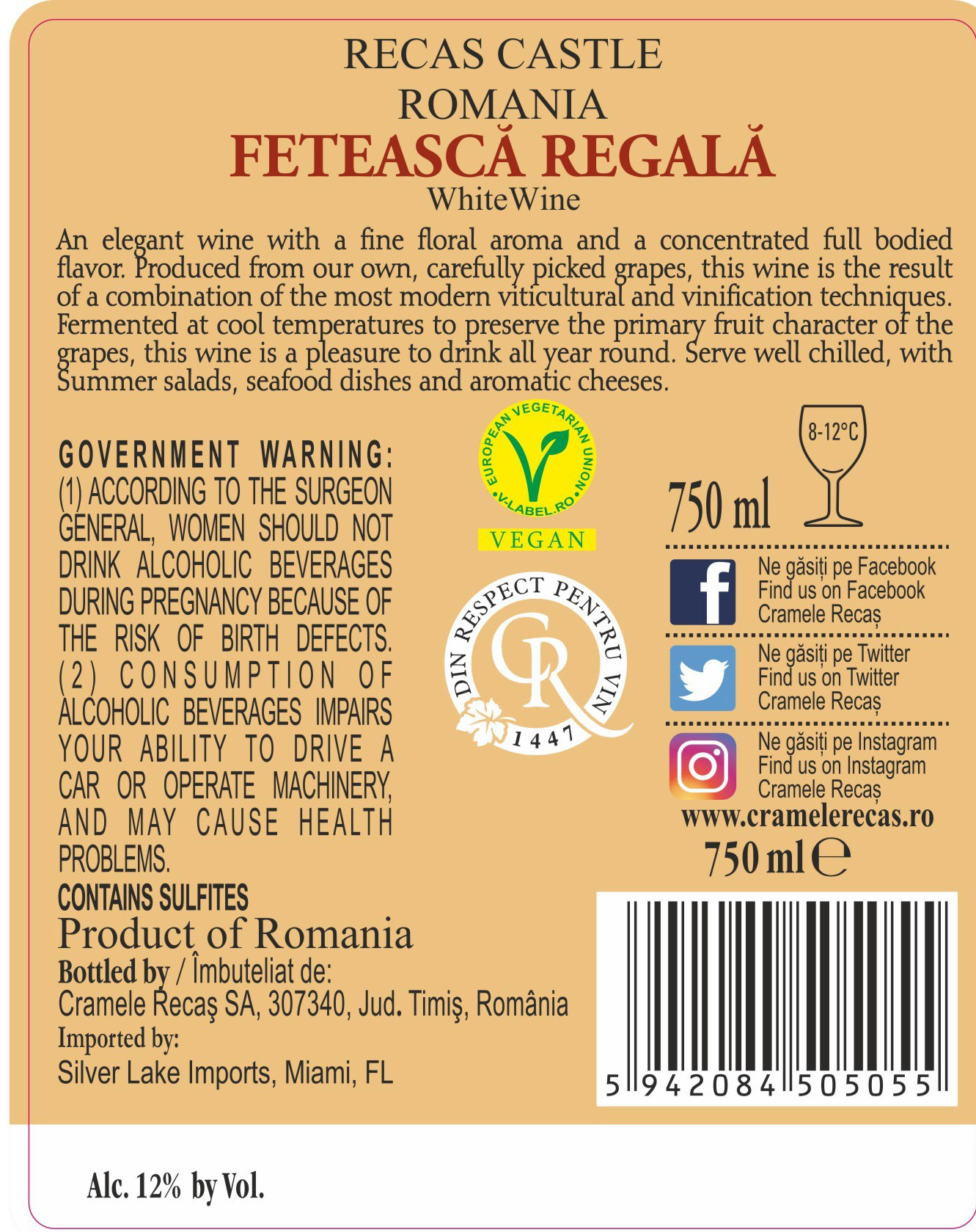 TABC label artwork for Recas Castle Feteasca Regala