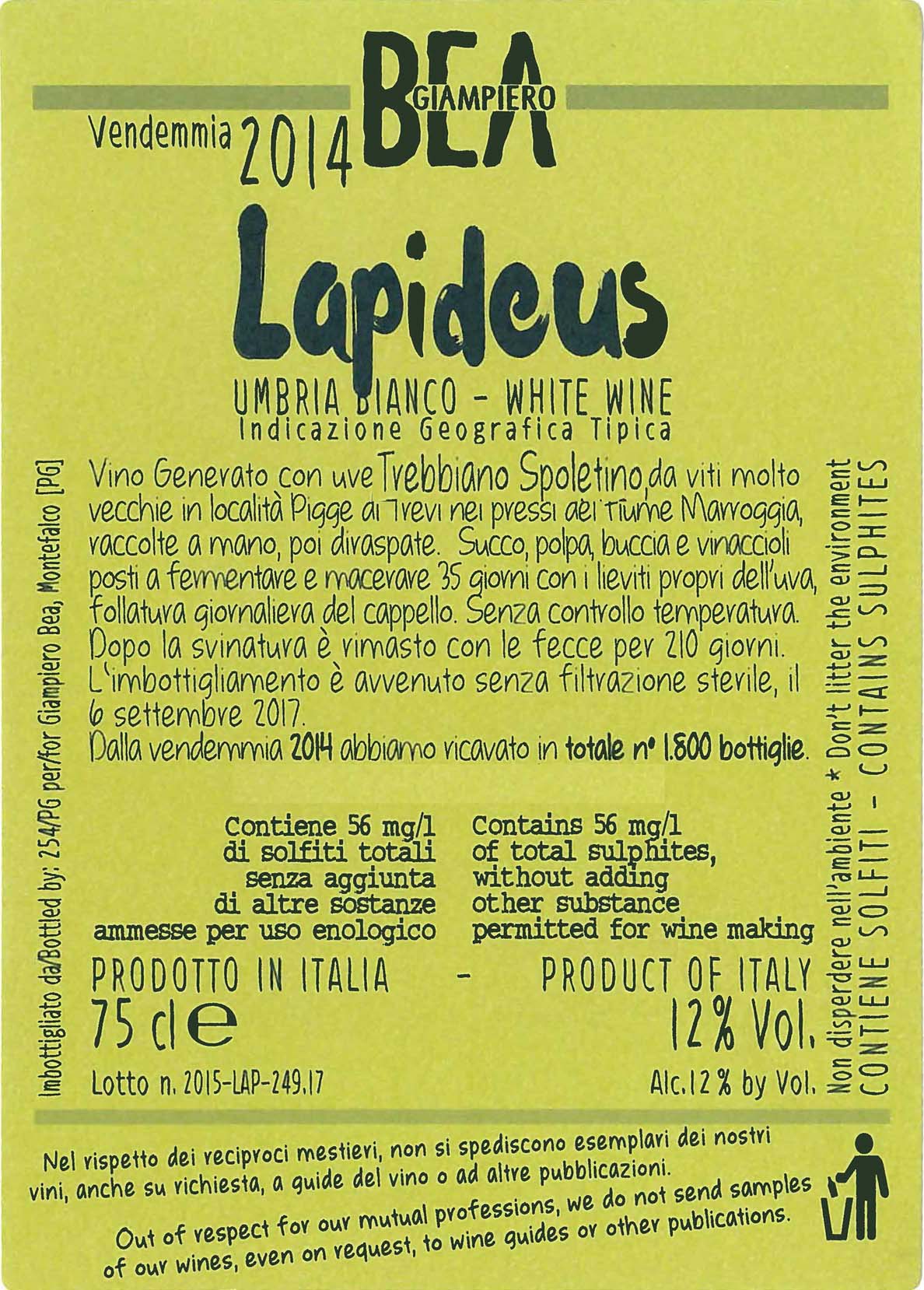 TABC label artwork for Giampiero Bea Lapideus Trebbiano Spoletino Umbria Bianco