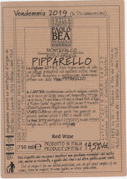 TABC label artwork for Paolo Bea Pipparello Montefalco Rosso Riserva