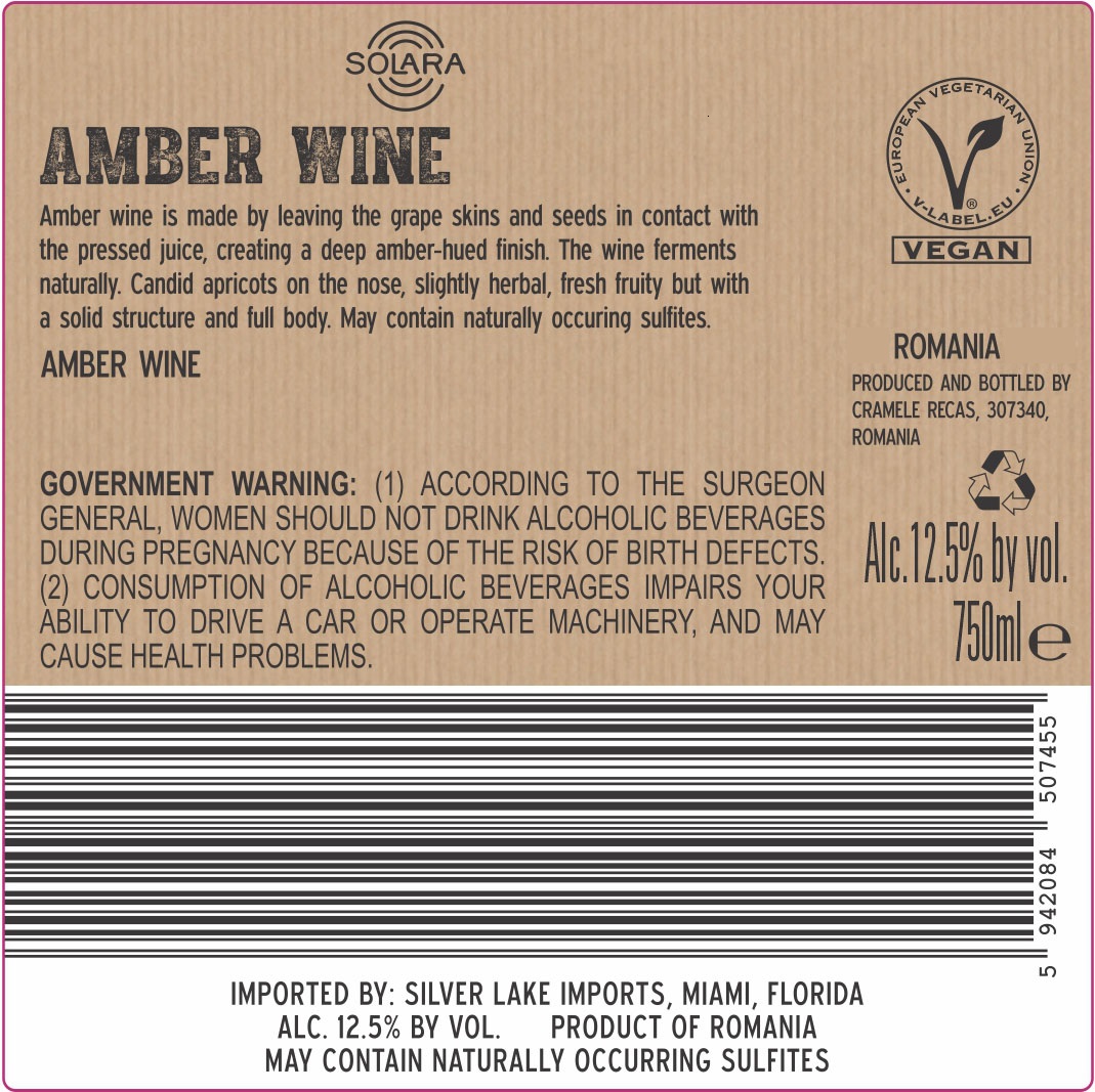 TABC label artwork for Solara Natural Amber Wine
