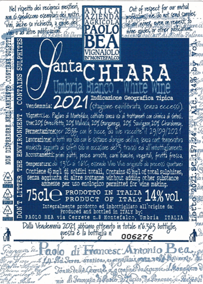 TABC label artwork for Paolo Bea Santa Chiara Umbria Bianco