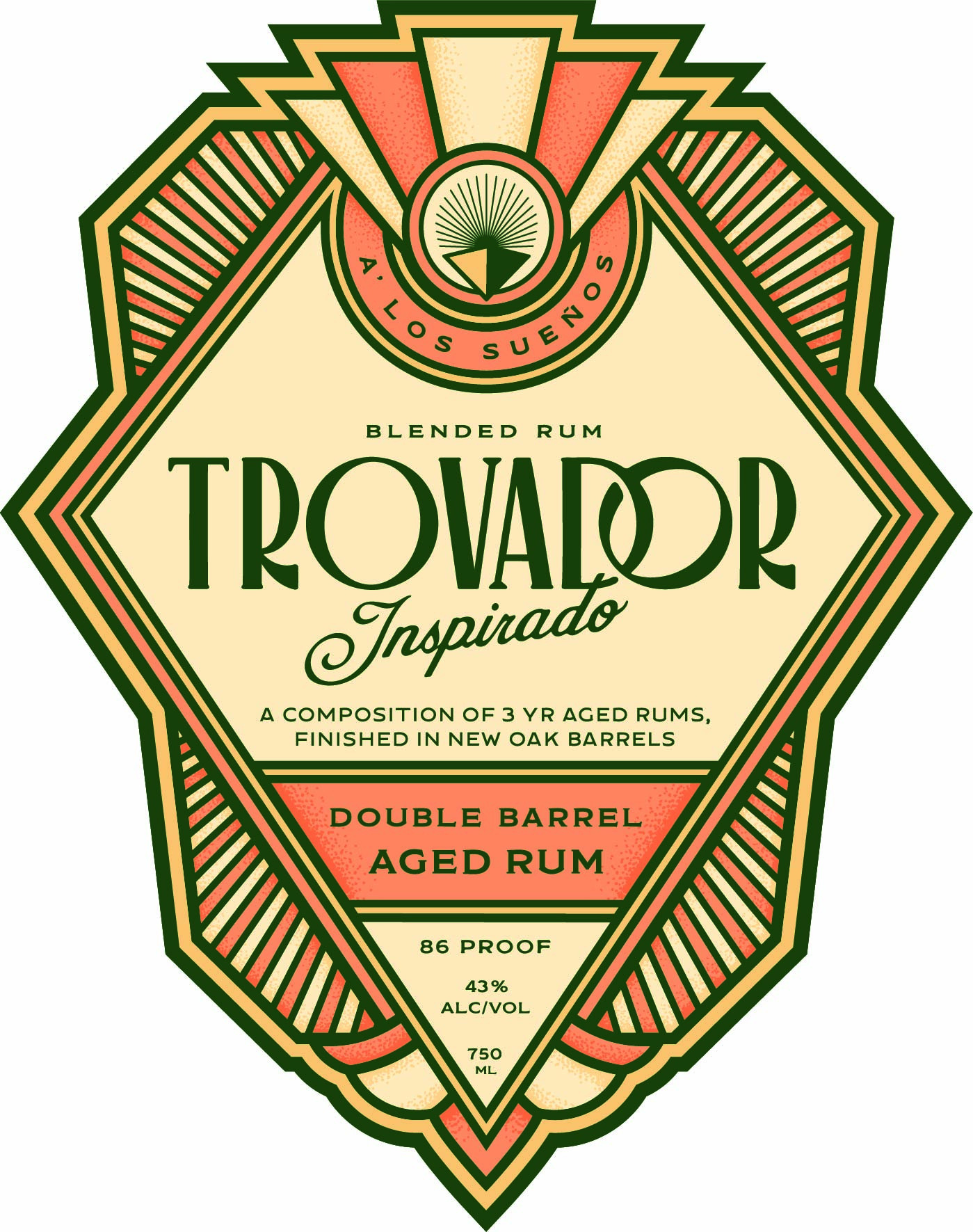 TABC label artwork for Trovador Inspirado Double Barrel Aged Rum