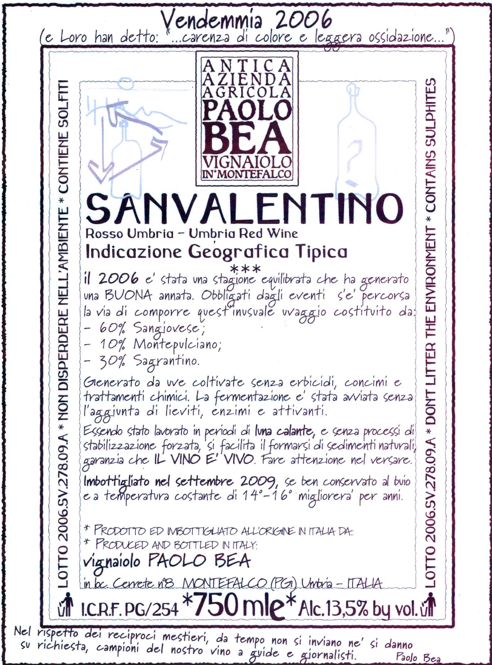 TABC label artwork for Paolo Bea San Valentino Umbria Rosso