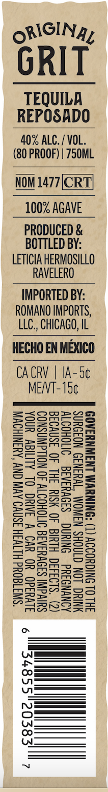 TABC label artwork for Original Grit Reposado