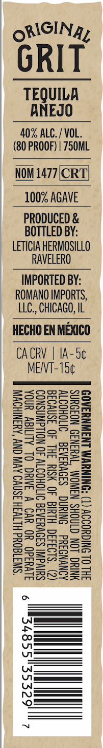 TABC label artwork for Original Grit Anejo
