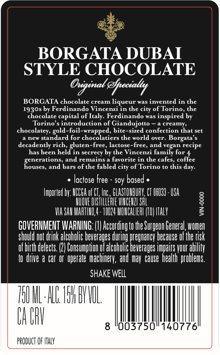 TABC label artwork for Borgata Dubai Style Chocolate Liqueur