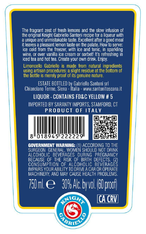 TABC label artwork for Knight Gabriello Limoncello