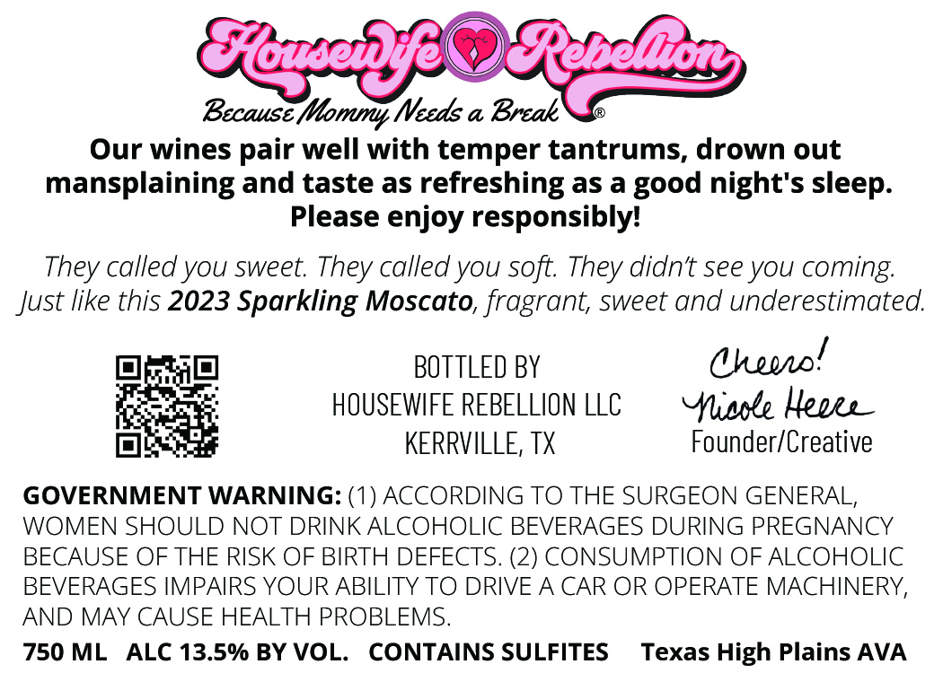 TABC label artwork for HOUSEWIFE REBELLION SPARKLING MOSCATO