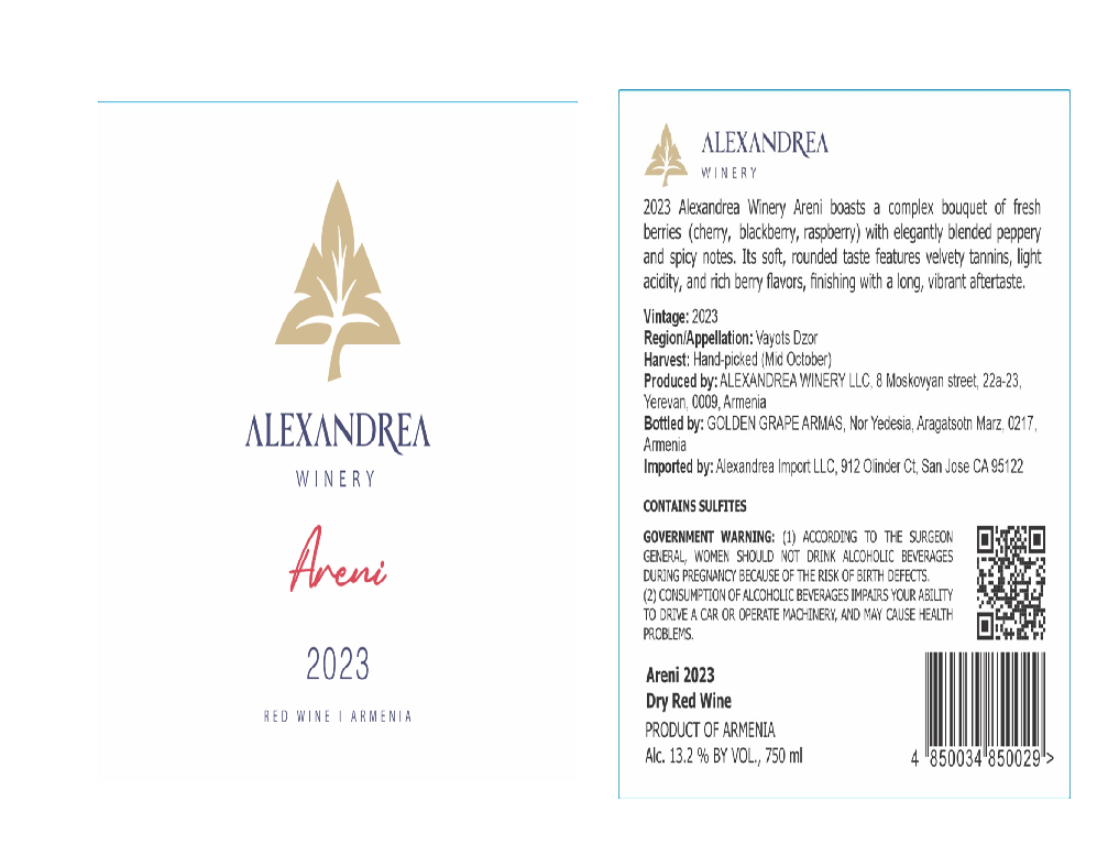 TABC label artwork for ALEXANDREA WINERY ARENI