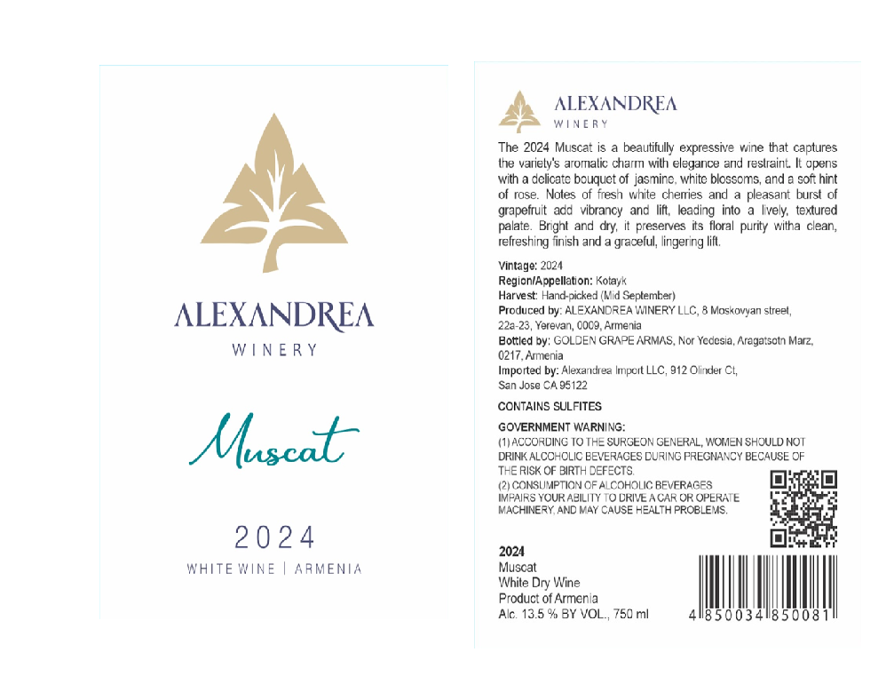 TABC label artwork for ALEXANDREA WINERY MUSCAT