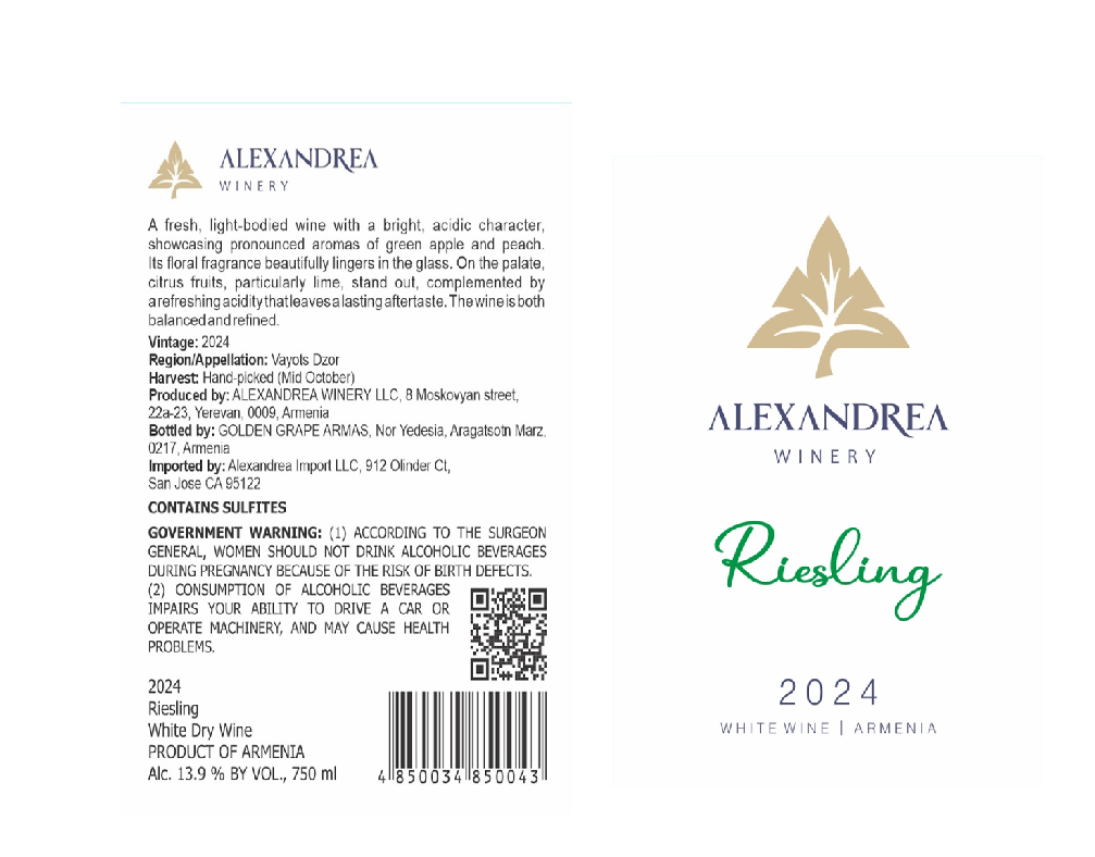 TABC label artwork for ALEXANDREA WINERY RIESLING