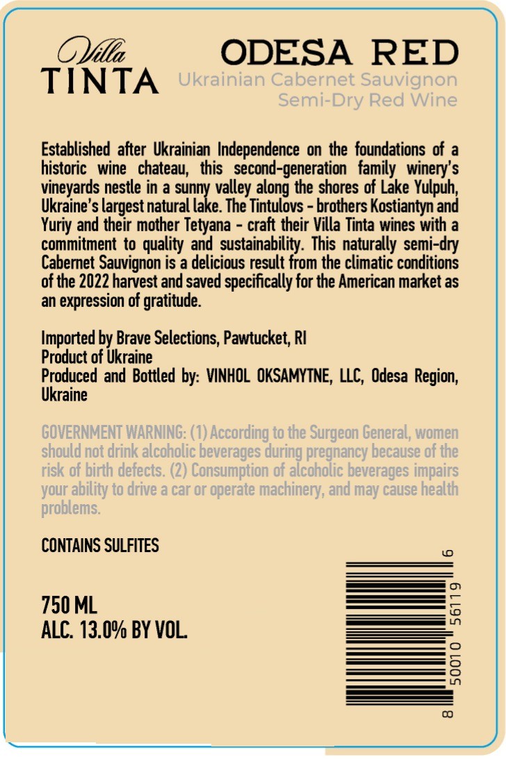 TABC label artwork for Villa Tinta Odesa Red