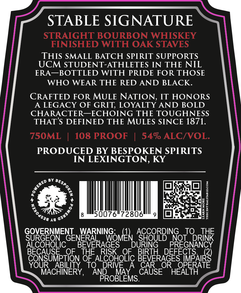 TABC label artwork for Stable Signature Fighting Mules Straight Bourbon Whiskey Finished With Oak Staves