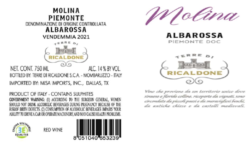 TABC label artwork for MOLINA TERRE DI RICALDONE ALBAROSSA