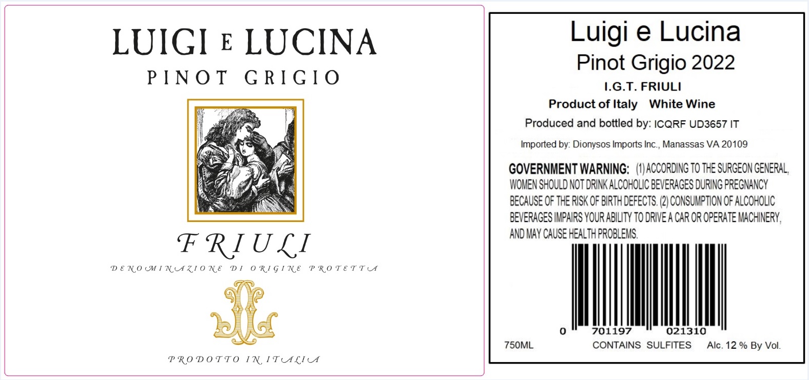 TABC label artwork for LUIGI E LUCINA PINOT GRIGIO
