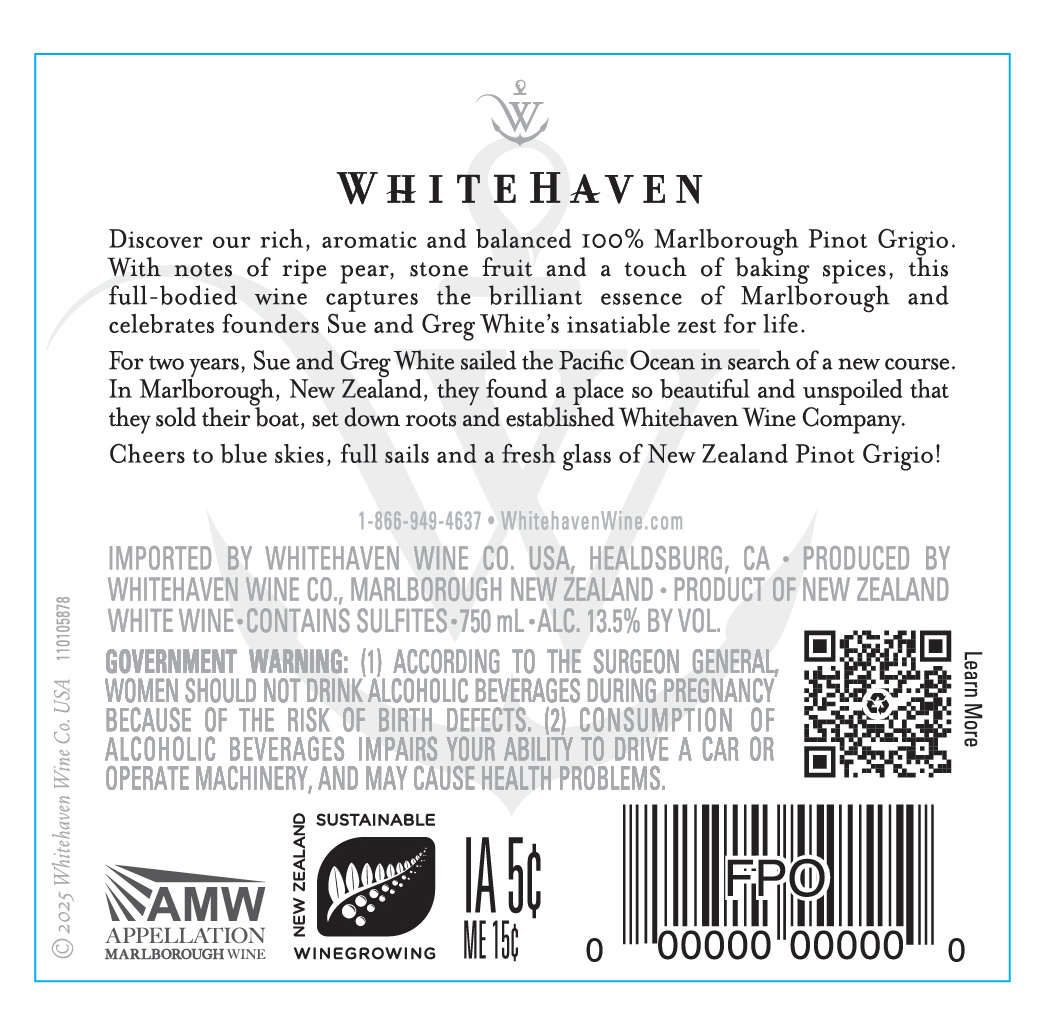 TABC label artwork for Whitehaven Pinot Grigio Marlborough